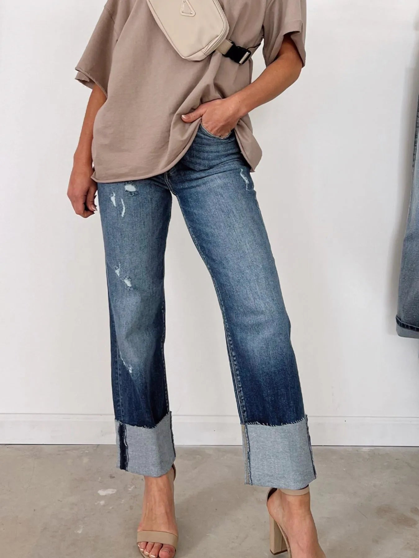 High Waist Distressed Straight Leg Jeans