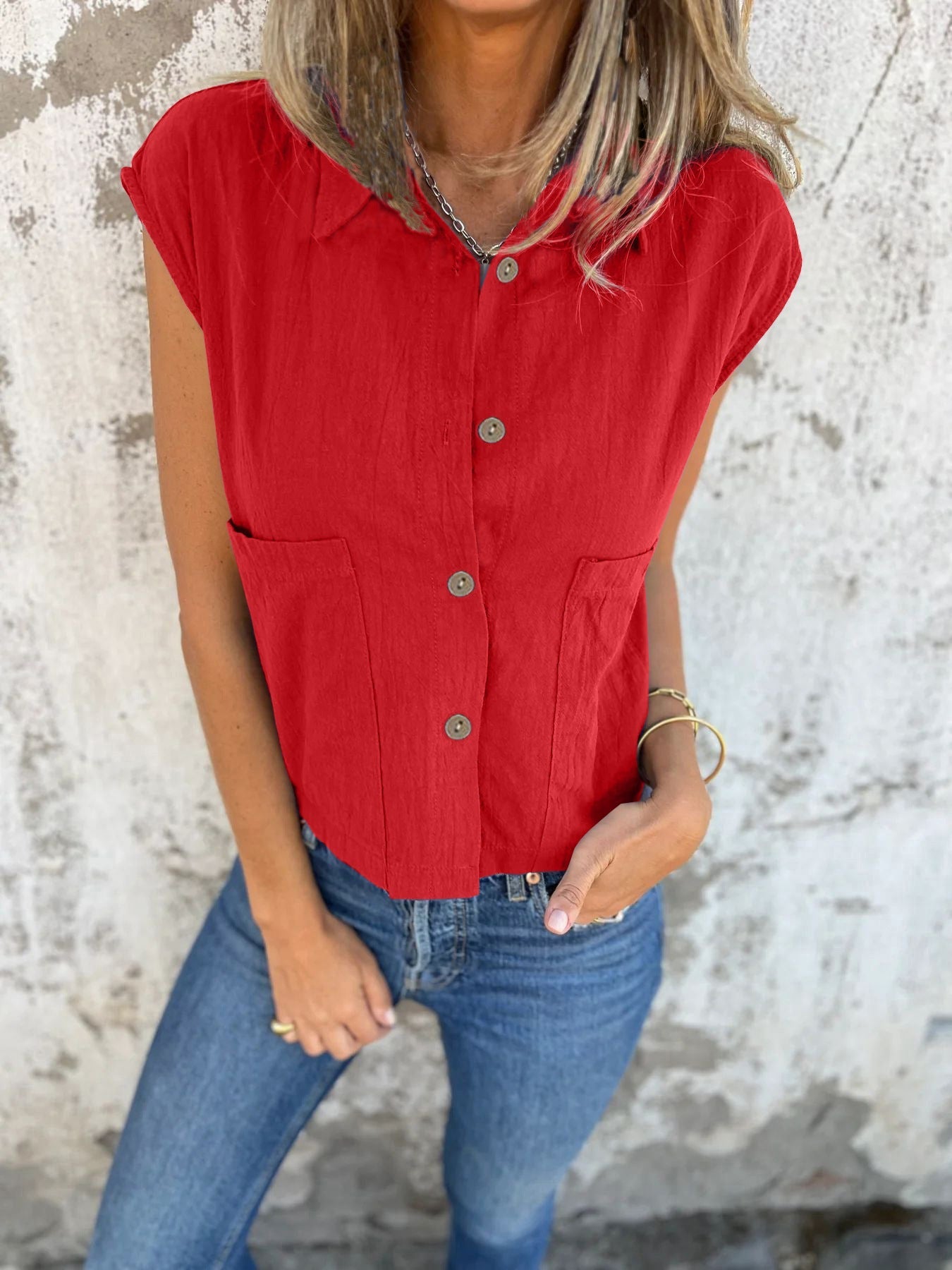 Button-Down Cap Sleeve Shirt