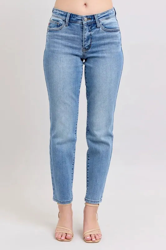 Judy Blue Full Size Mid Rise Vintage Wash Slim Jeans with Cell Phone Pocket Plus Size