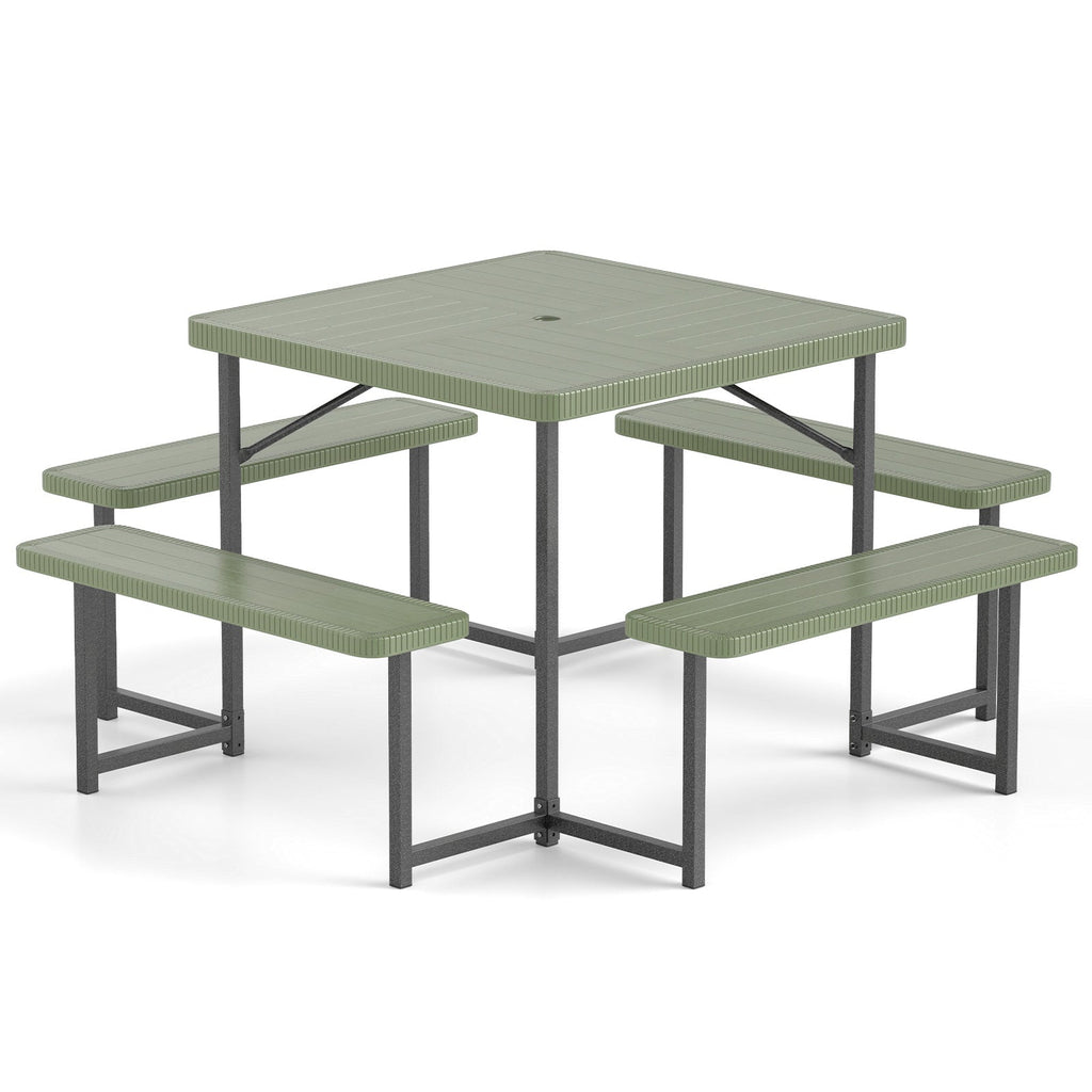 Outdoor Square Picnic Table Bench Set for 4-8 People with Umbrella Hole