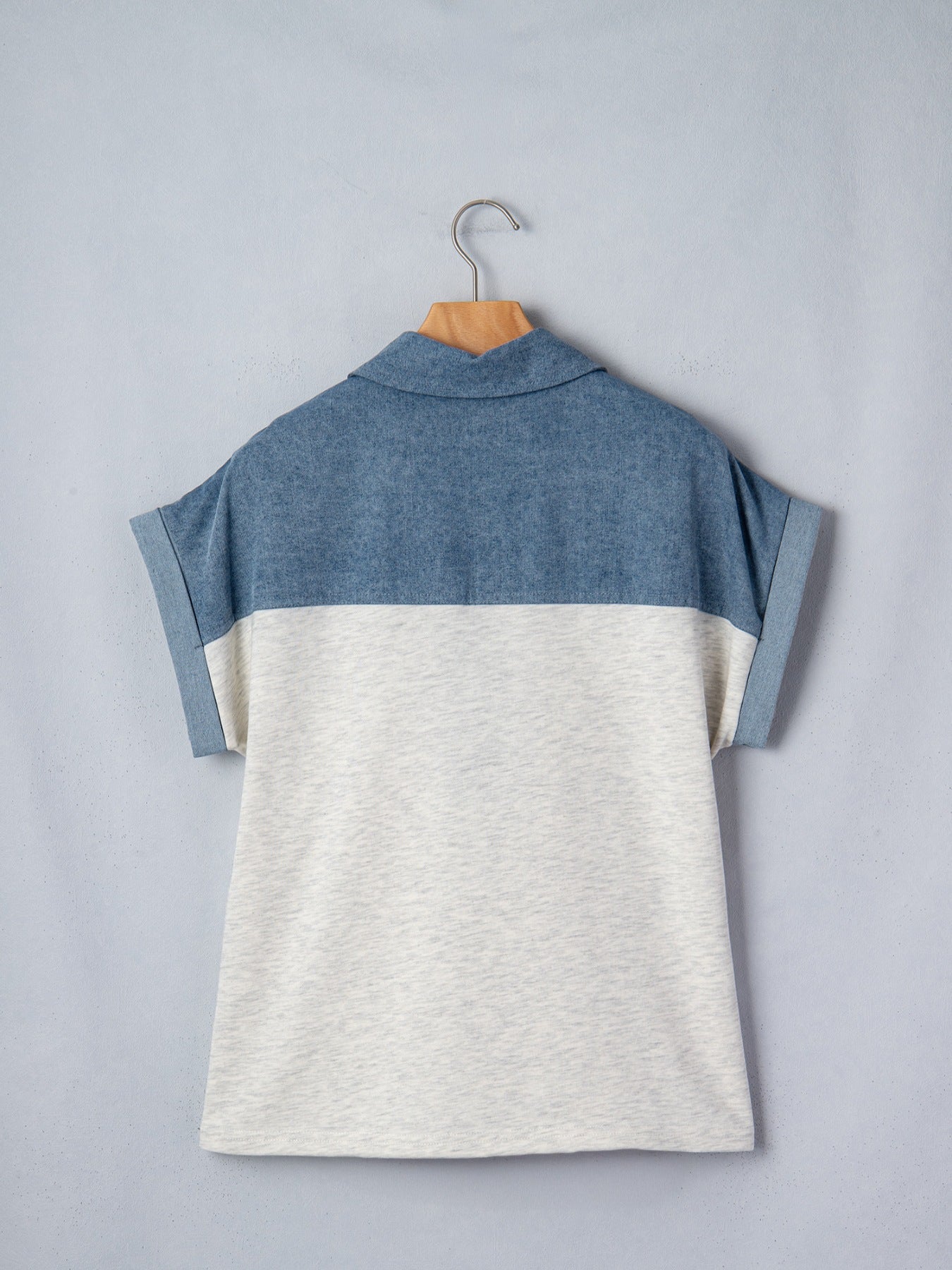 Color Block Denim Patchwork Button Polo Collar Short Sleeve Top
