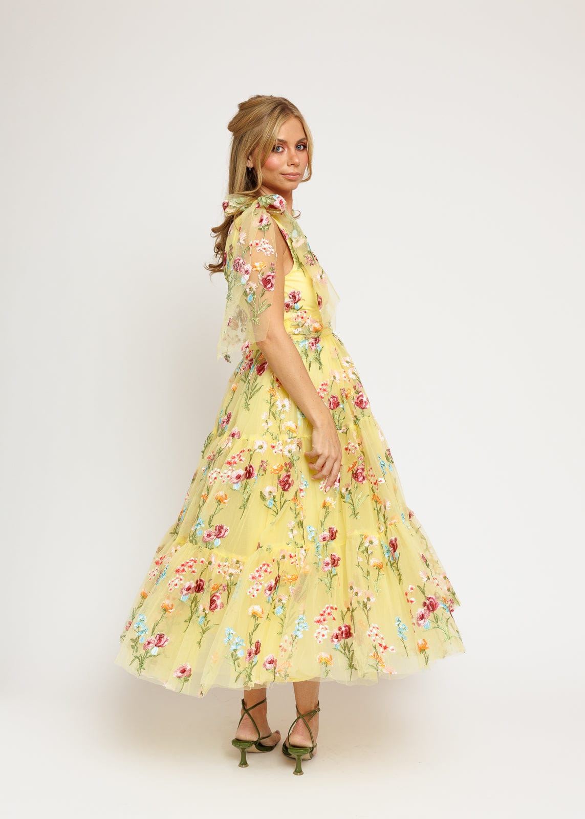 Margaret Floral Embroidered Midi Dress Yellow