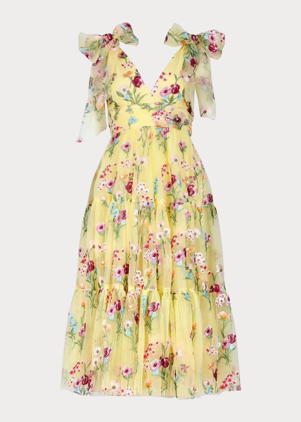 Margaret Floral Embroidered Midi Dress Yellow